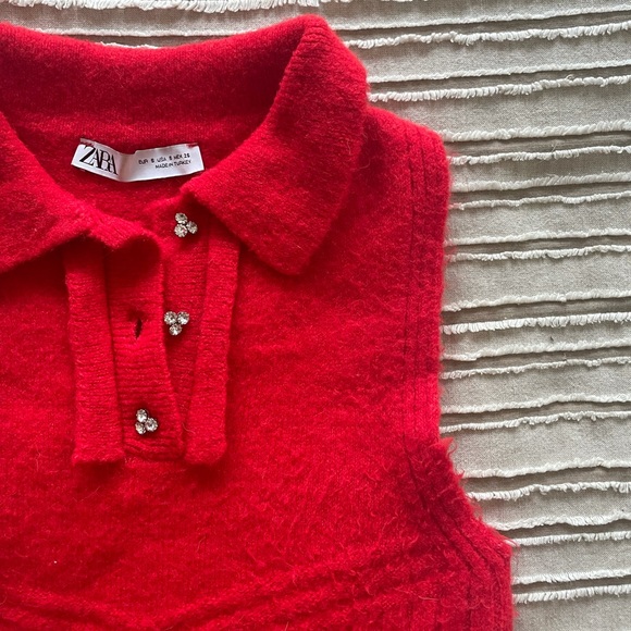 Fuzzy Red Collared Top with Crystal Buttons - Picture 2 of 4